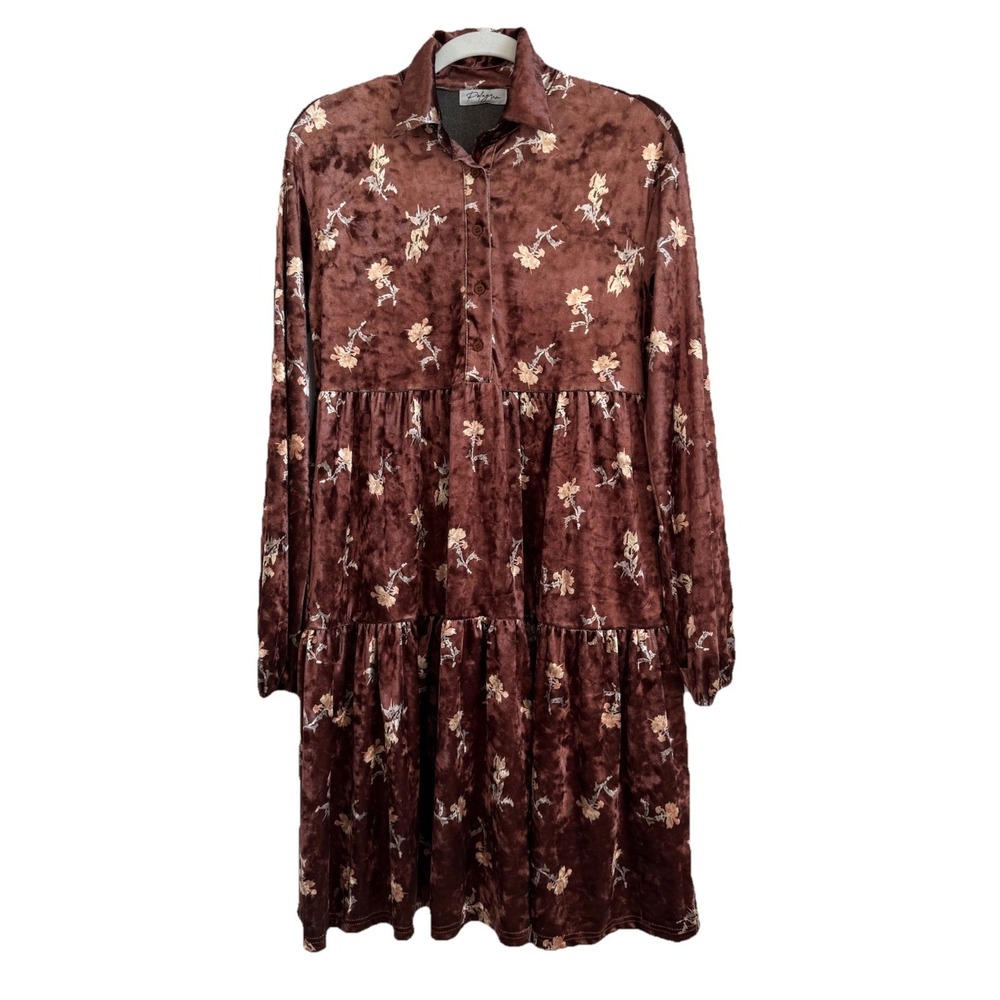 Polagram Dress Women's Small Brown Velvet Floral Pockets Tiered Cottagecore Boho